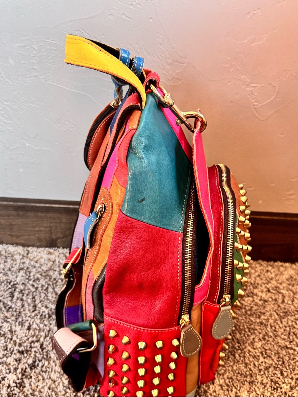 AmeriLeather Studded Patchwork Leather Backpack with Coin Purse - Picture 8 of 16